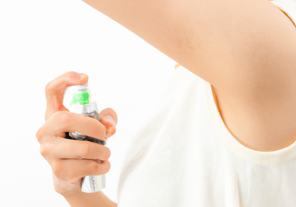 a woman spraying deodorant onto her armpit