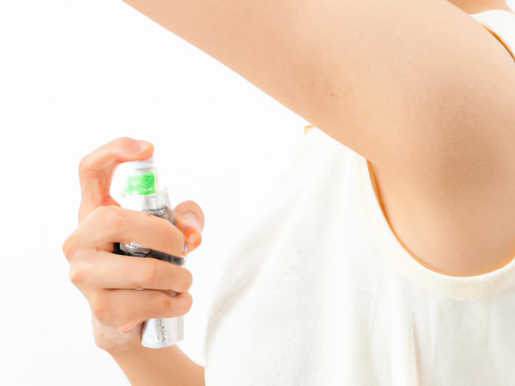 a woman spraying deodorant onto her armpit