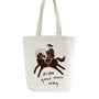 Tote bag with a graphic of a person riding a horse and the text 'Ride your own way' on a white background.